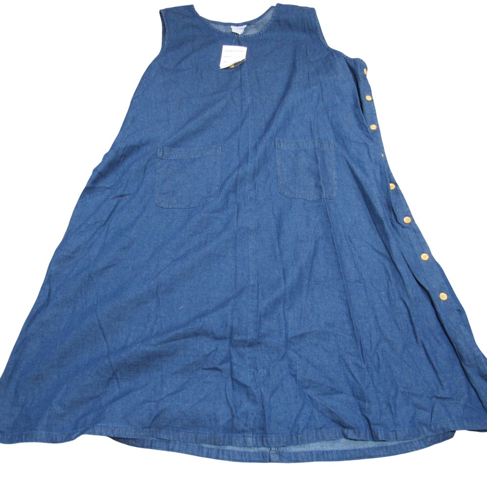 Comfort Corner Womens 3X Denim Jumper Dress Blue Cotton Side Button Midi